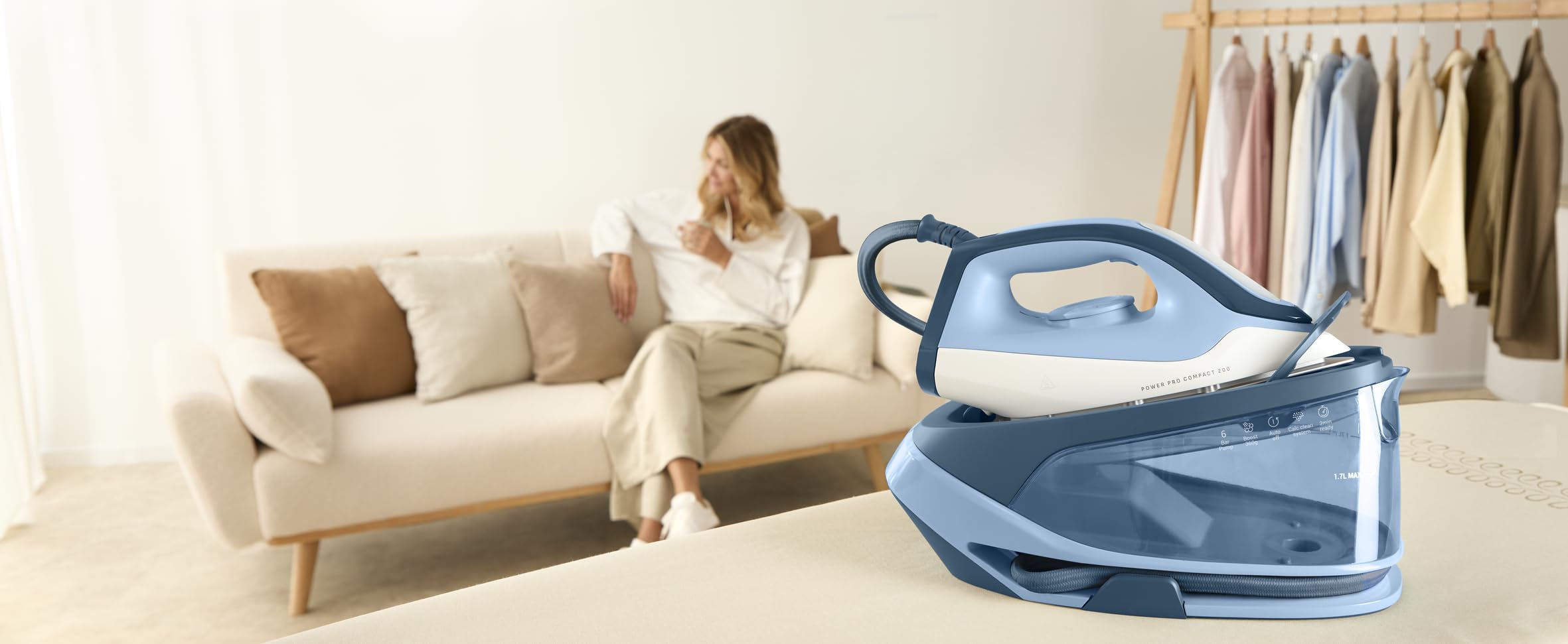 Tefal SV6210 Power Pro Compact 200 stacja parowa, 2400 W, lekka i kompaktowa, para 120 g/min, uderzenie pary 360 g/min, zbiornik na wodę 1,7 l, ceramiczna stopa, powłoka antywapienna, niebieski