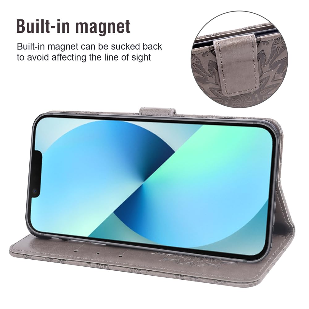 Auotu PU Leather with camera lens protection Wallet Pouch Flip Case Cover With Stand Card Slot Design For Blackview Shark 8 Smartphone (Gray With Flower Pattern) - Image 3