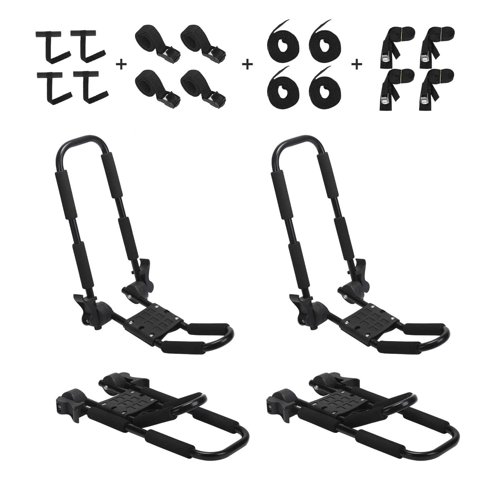 Leader Accessories Folding Kayak Rack 4 PCS/Set J Bar Car Roof Rack for Canoe Surf Board SUP On Roof Top Mount on SUV, Car and Truck Crossbar with Kayak Quick Hood Loops Tie Down Straps - Small