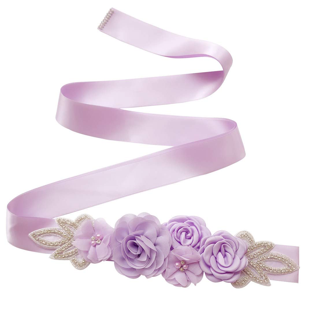 Higohome Women's Lilac Bridal Sash Belts Handmade Roses With Pearls Rhinestones Beaded Satin Ribbon Wedding Belt, One Size