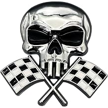 Metal Skull Emblem for Car, Skull Style Badge Decal Auto Accessory Truck | 3D Racing Badge, Checkered Flag Design, Strong Adhesive, Fits Most Vehicles Silver black
