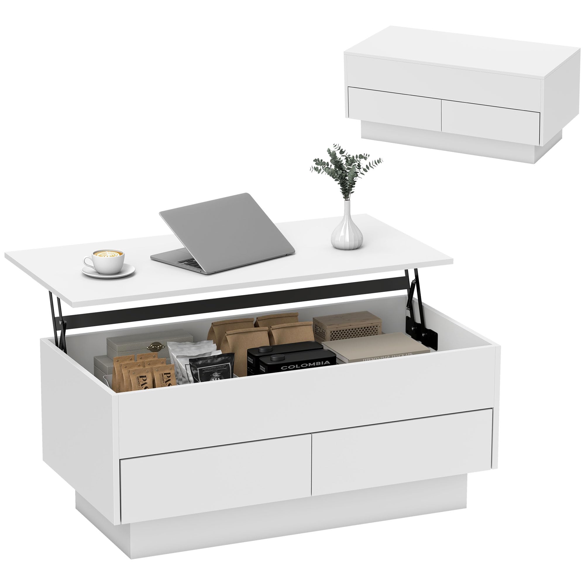 HOMCOM - Mesa baja elevable moderna con compartimento oculto y 2 cajones, mesa de salón para oficina y salón, 100 x 50 x 44 cm, color blanco