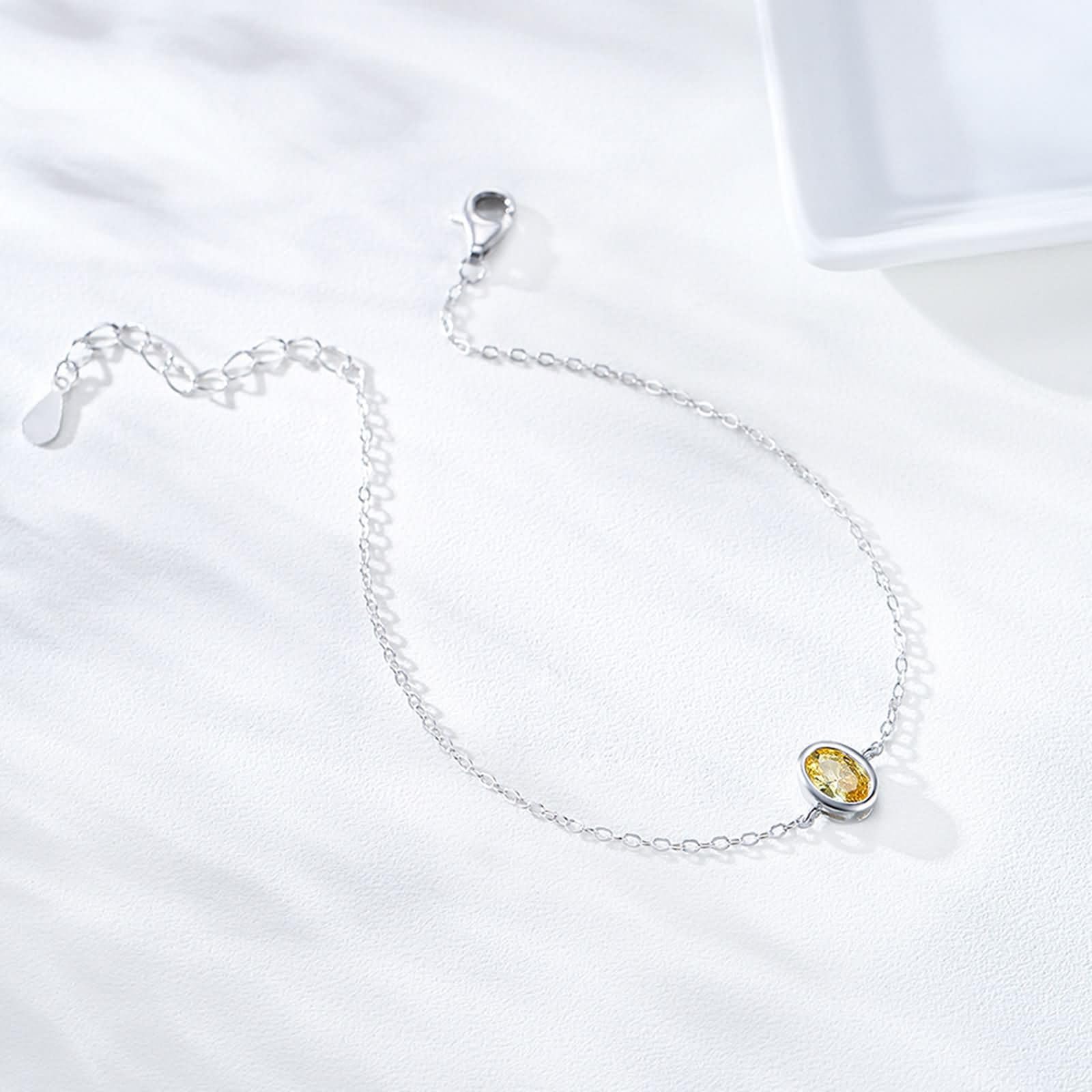 Donna Bracciali Catena Oro Bianco 9 K / 14 K / 18 K 750, Ovale con Citrino da 1 ct, Regolabile 16 CM + 5 CM, Bracciale da Donna Giallo Argento