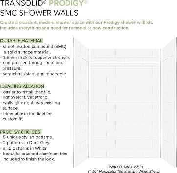 Transolid PWKX60488412-531 Prodigy 60-in x 48-in x 96-in Shower Wall Kit with Extension, White Horizontal Tile