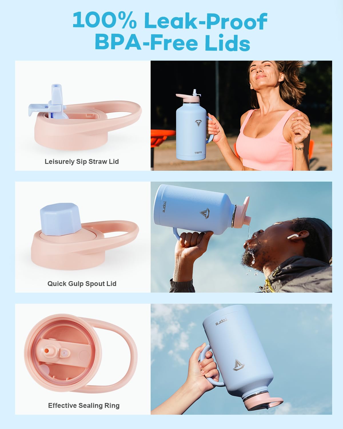 Botella De Agua Aislada Topre 64 Oz - Acero Inoxidable, Medio Galón Con Popote Y Tapa, Mantiene Temperatura