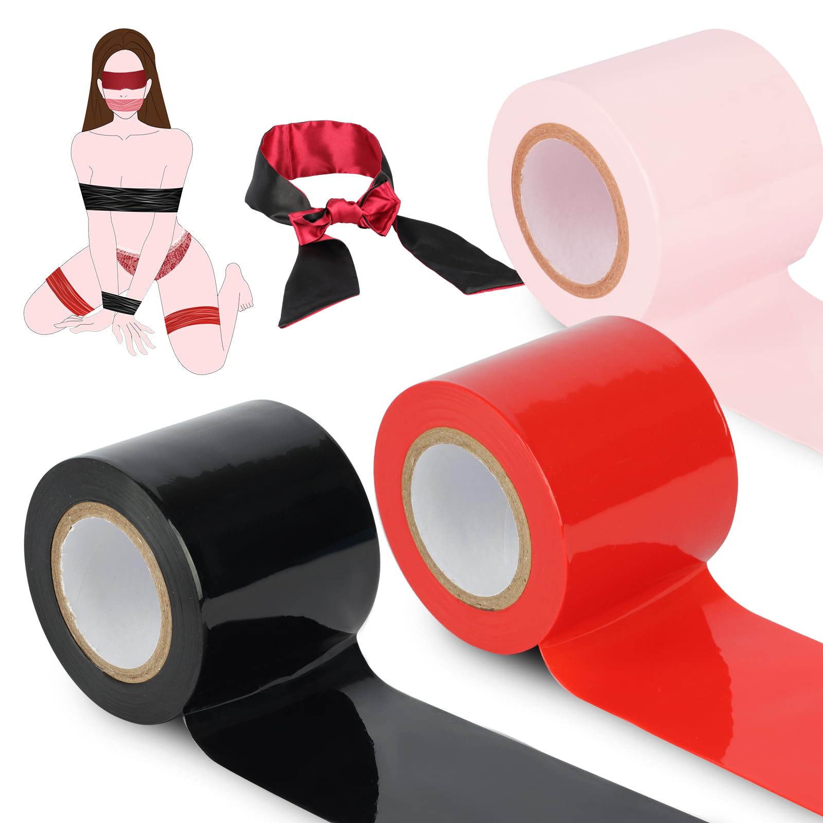 BDSM Bondage Restraints Tape Set – 3 Rolls Electrostatic Tape with Blindfold for BDSM Games Adult Sex Toys Bondage Tape Reusable Binding PVC Sex Things for Couples Kinky