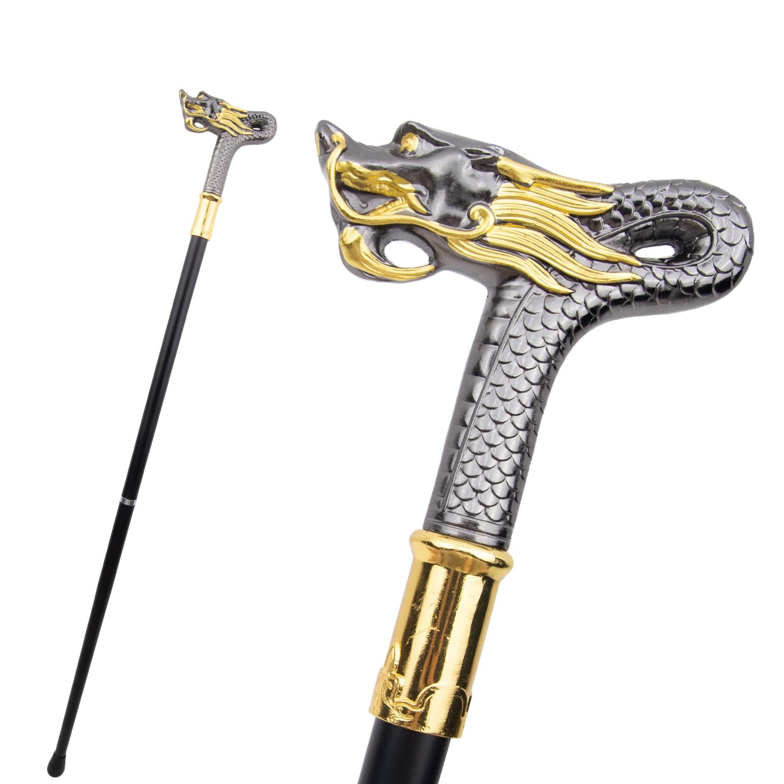 Bastón Black Gold Dragon, Bastón de Lujo para Hombre y Mujer, con Cetro Antideslizante Desmontable, Estilo Vintage Cospaly 90 Cm