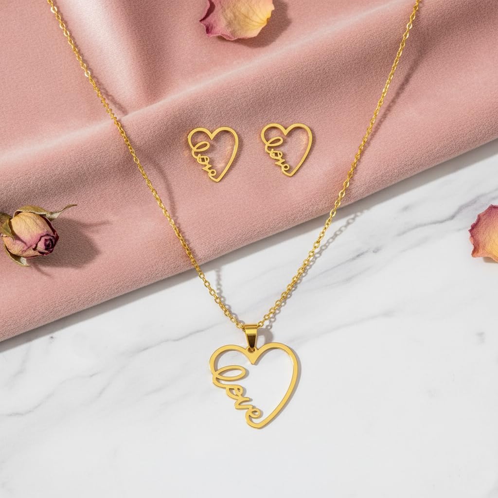 Gold Plated Heart Love Pendant Necklace and Earrings Set – Stainless Steel Dainty Jewelry Set for Women, Gift Set for Her, Romantic Valentine’s Day or Birthday Present - Image 6