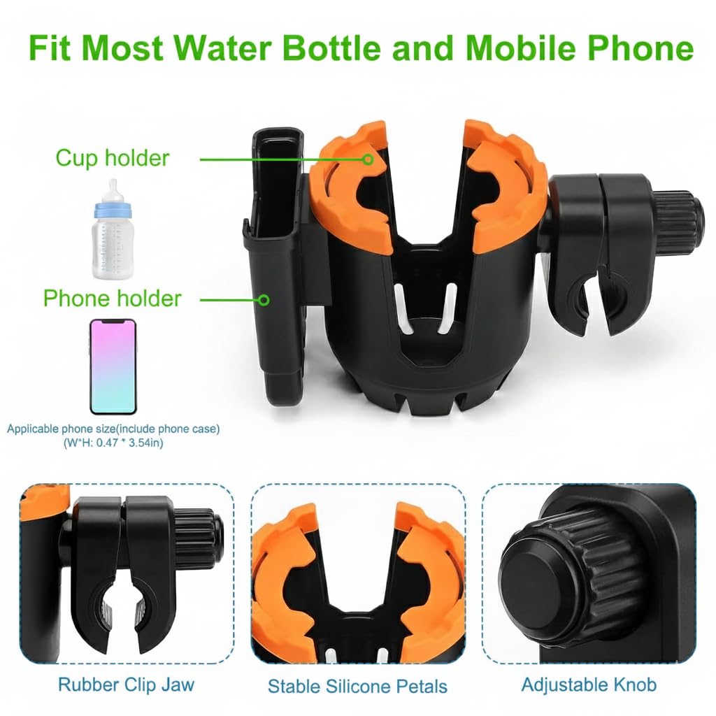 Safe-O-Kid Universal 2-in-1 Stroller Cup Holder with Phone Holder | Drink & Mobile Holder for Stroller, Bike, Walker & Wheelchair | Orange