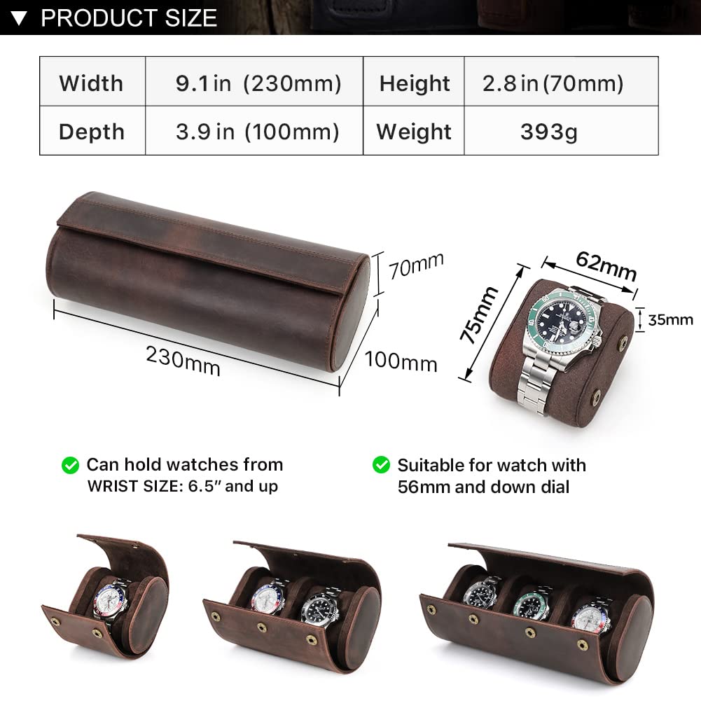 Hiram Custodia a rotolo per 3 orologi, realizzata a mano, in vera pelle, custodia per orologi da viaggio con design rimovibile di montaggio