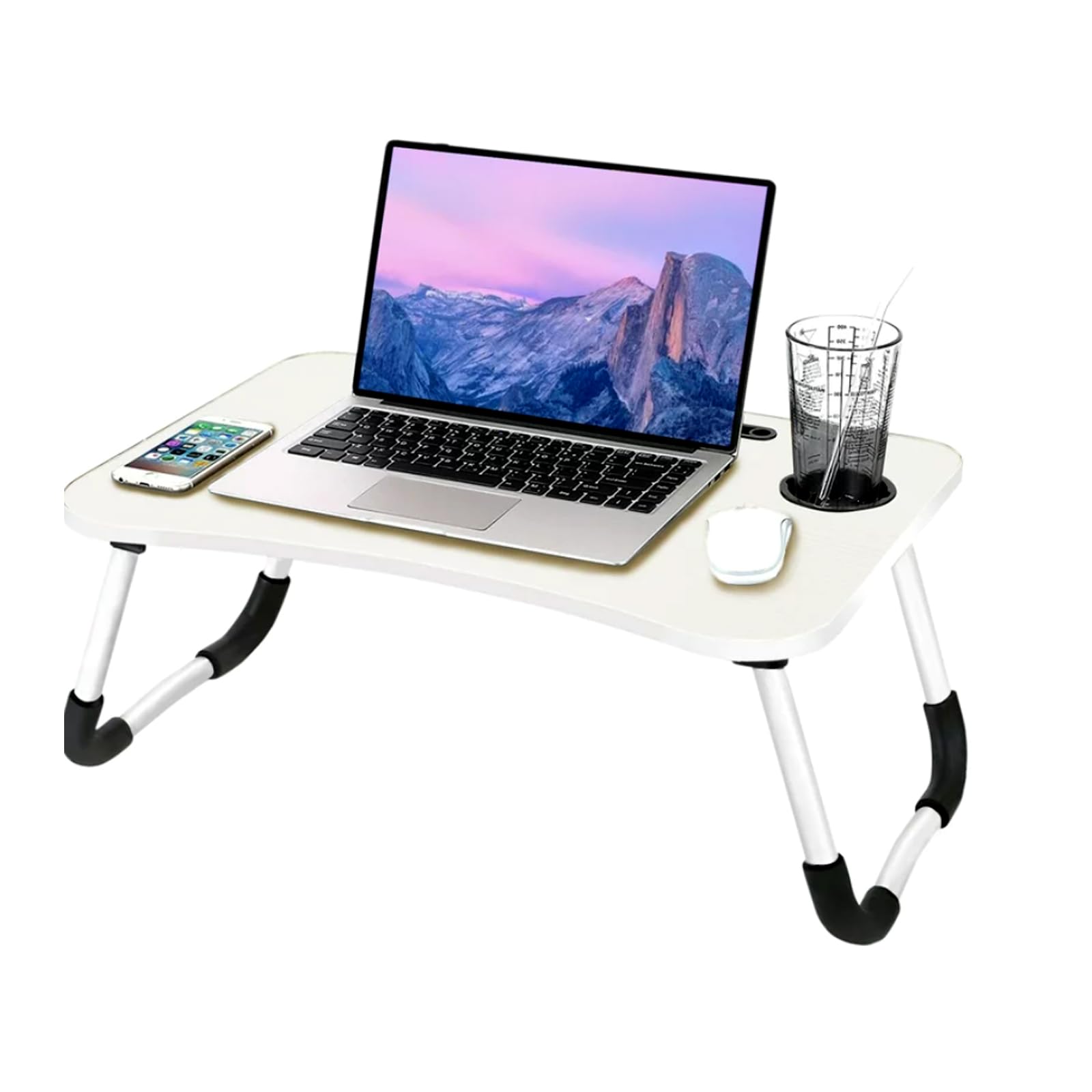 Ntek White Laptop Bed Table | Portable Standing Desk With Foldable Legs & Cup Slot | Notebook Table For Laptop, Eating, Reading, Watching Movie On Bed/Sofa (White)