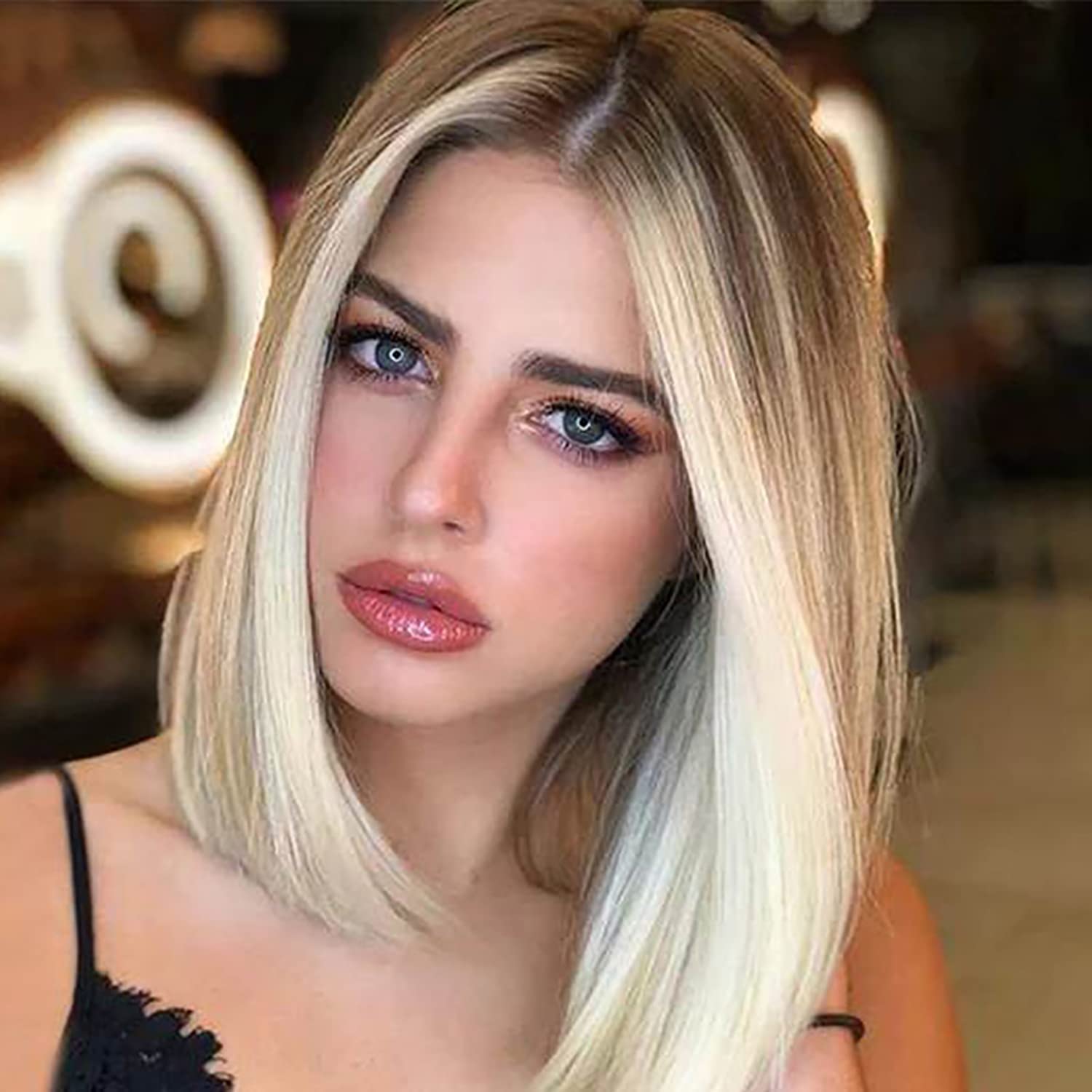 Hugewth 12 Inch Medium Part Gradient Short Straight Hair, Long Bangs Bob Wig, Women's Fashion Gradient High Temperature Silk Full Head Set for Daily, Gathering, Party (Gradient Color)