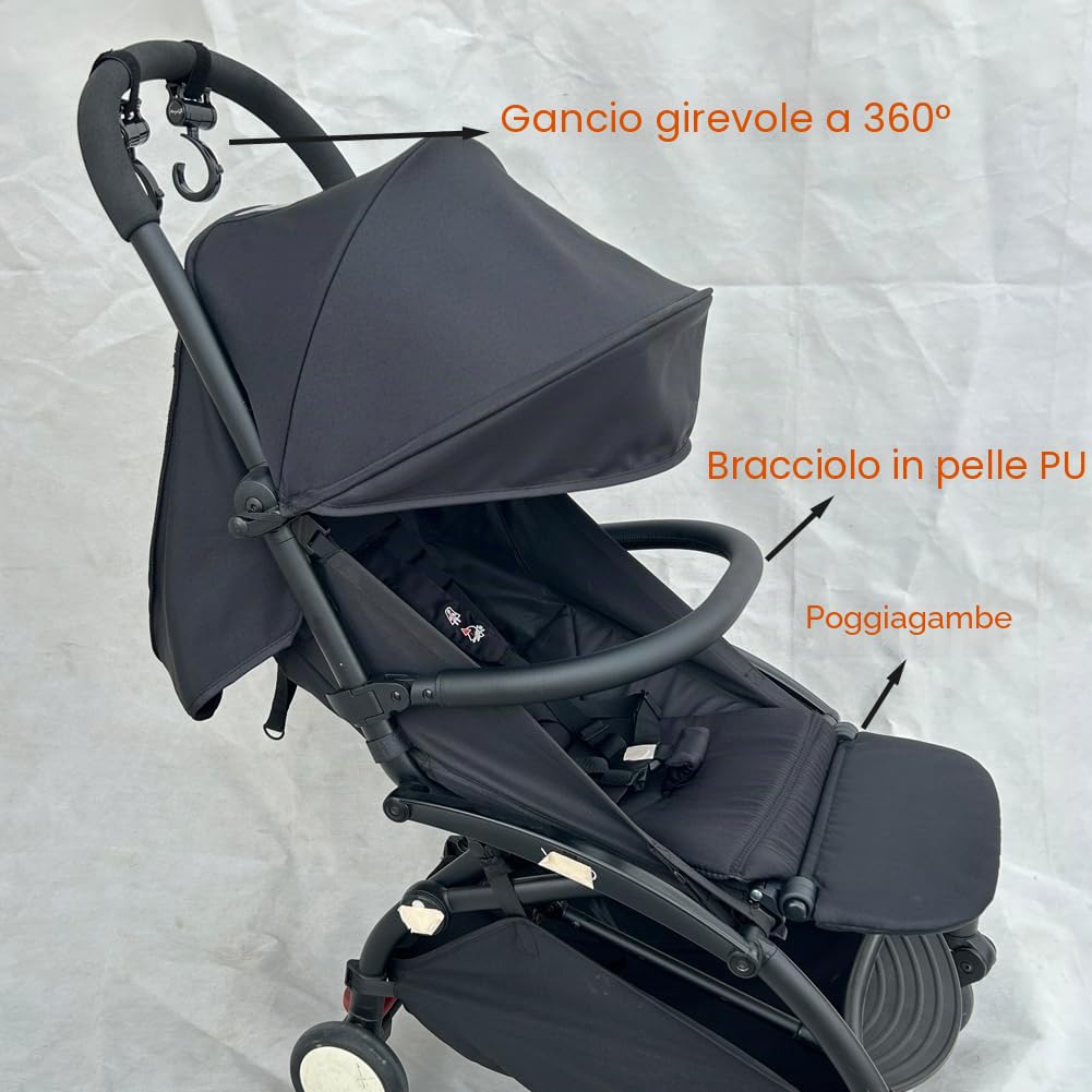 3 pezzi/set di accessori passeggino PU bracciolo in pelle, poggiapiedi e ganci compatibili con passeggini Babyzen YOYO 2 e YOYO+ (nero)
