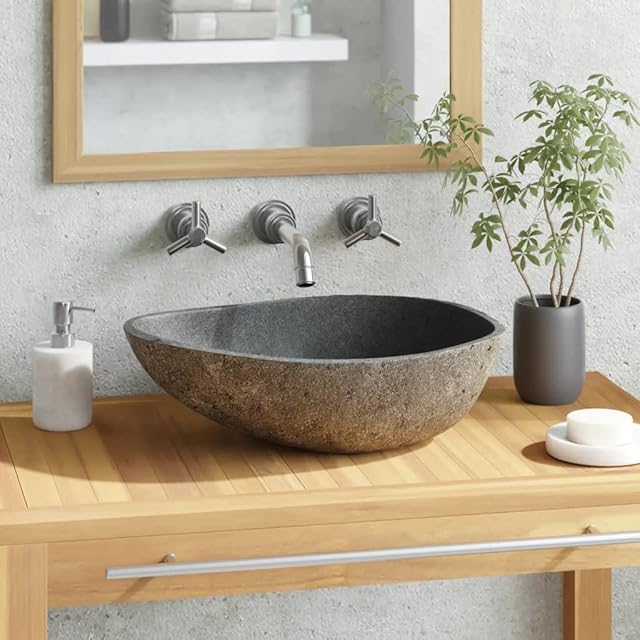 vidaXL Wash Basin, Bathroom Sink Bath Wash Bowl, Vanity Sink Bathroom Basin Small Bathroom Sink, Countertop Wash Basin Wash Sink, River Stone Oval