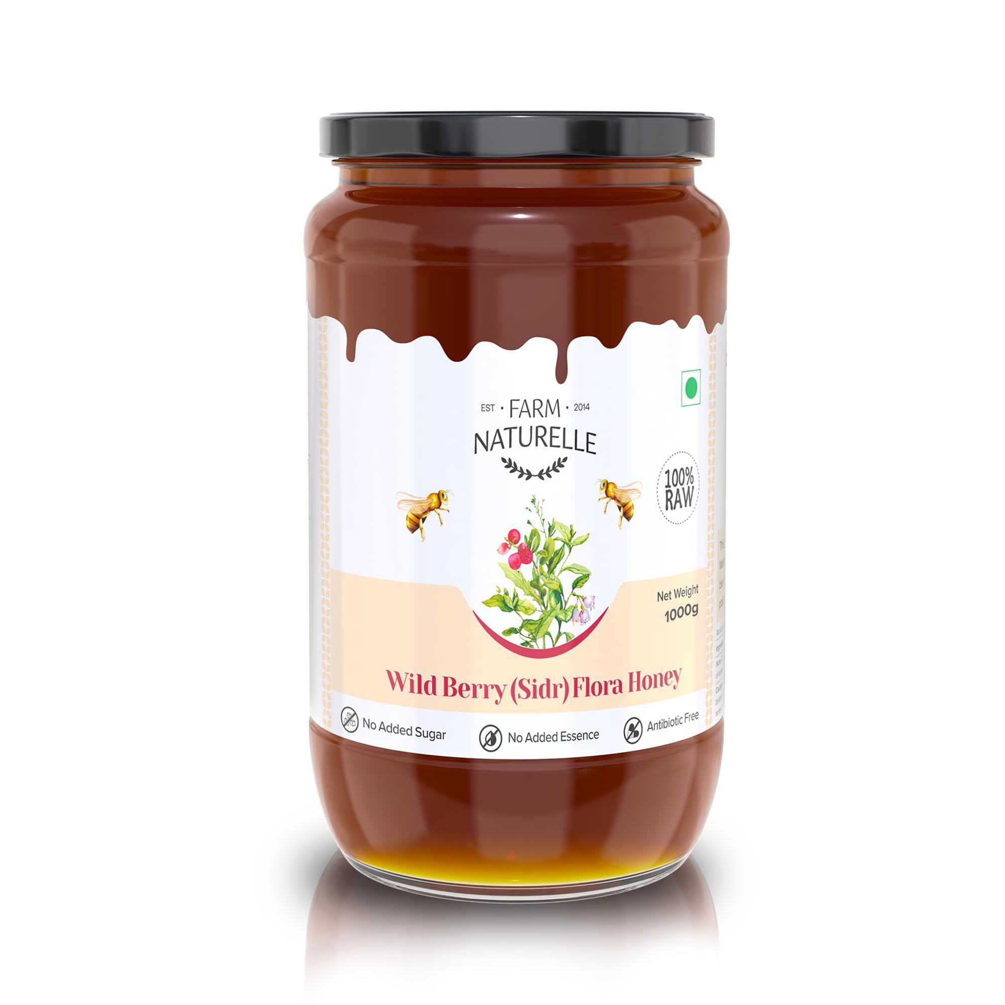 Farm Naturelle - Wild Berry Flora Honey 1kg | 100% Pure, Raw, Natural, Unprocessed & Unheated | Includes 850g + 150g Extra with a Wooden Spoon | Lab-tested Honey in a Glass Bottle
