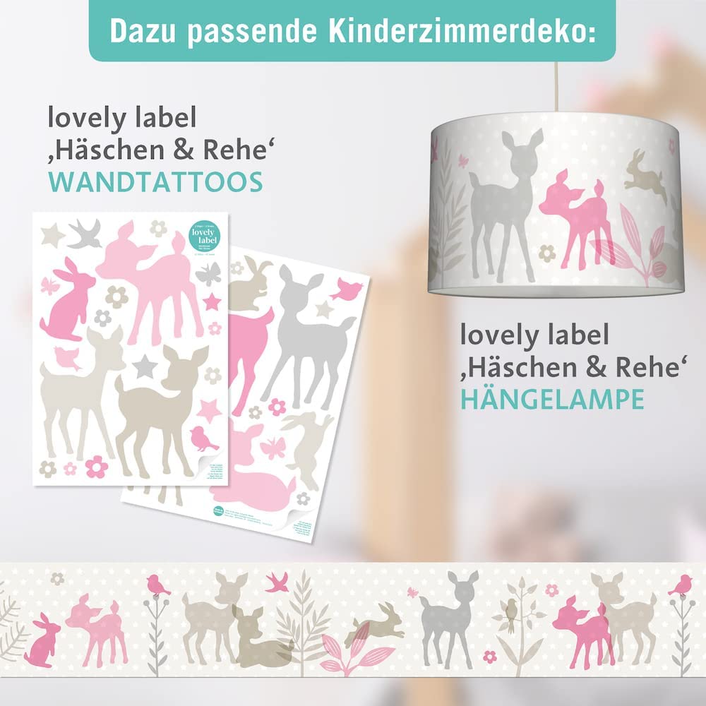 Bordüre selbstklebend HÄSCHEN & REHE ROSA/GRAU/BEIGE - Wandbordüre Kinderzimmer / Babyzimmer mit Hase und Reh - Wandtattoo Schlafzimmer Mädchen & Junge, Wanddeko Baby / Kinder