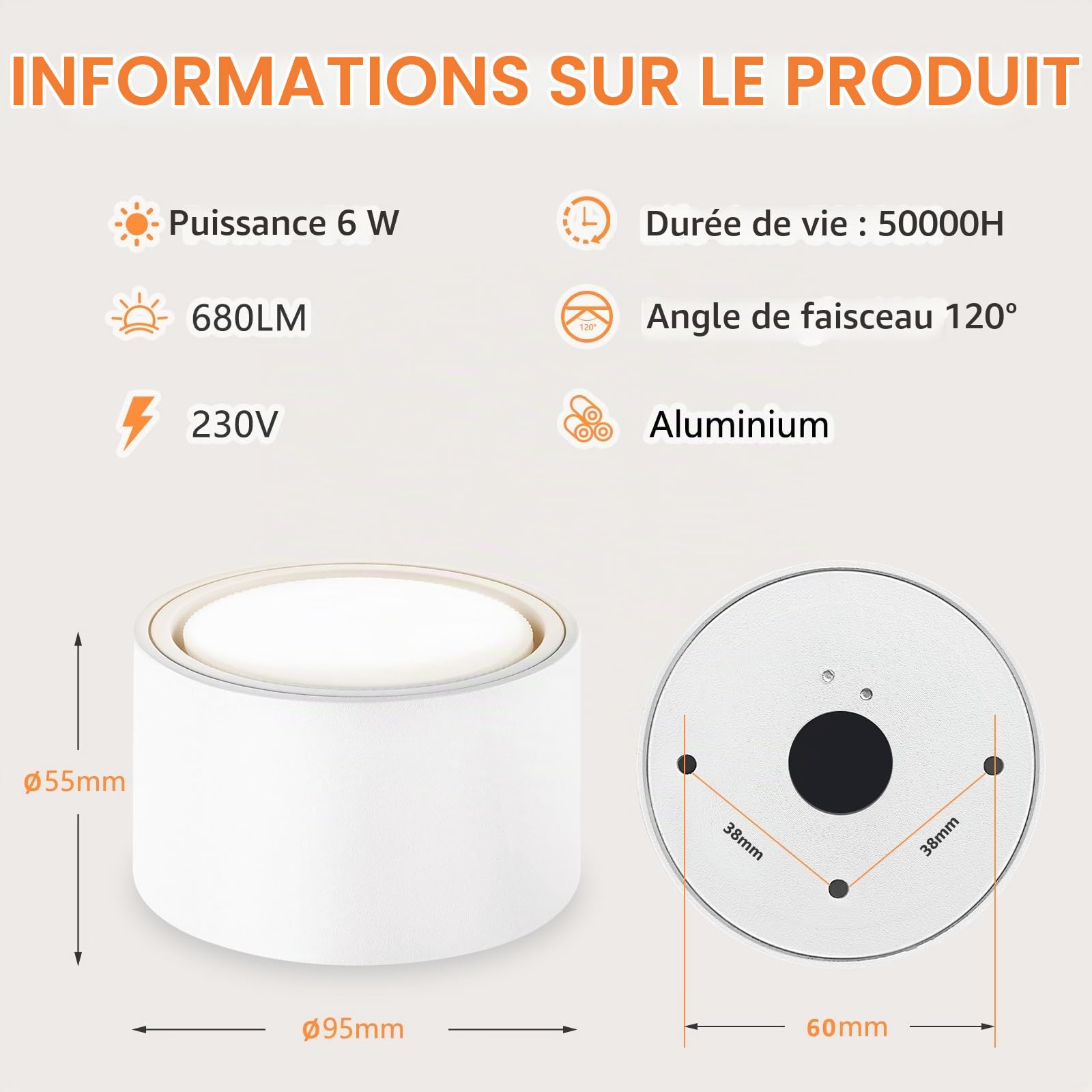 GeyouLux Lot de 4 Plafonnier Blanc IP44 en Saillie, Spot Led GX53 Remplaçable 6W 680LM 4000K Lumière Naturelle, Aluminium Ø95x55mm pour Cuisine Chambre Salon