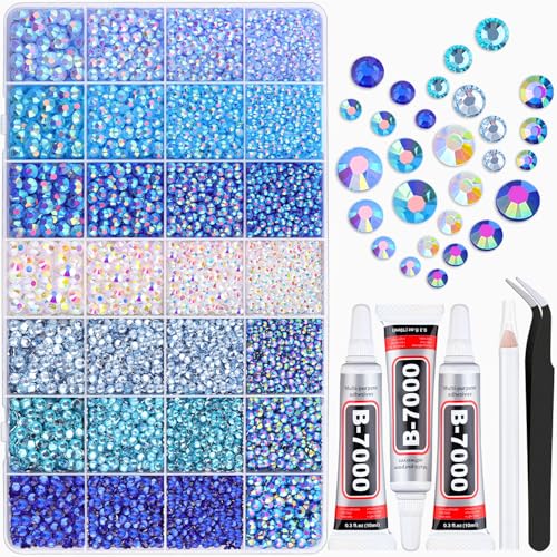 20000Pcs Blue Rhinestones for Bedazzling with B7000 Jewelry Glue Resin Rhinestones for Crafting Crafts DIY Bedazzler Kit Gems for Clothing Shoes Tumblers Fabric Nail Art Assorted Size 3/4/5/6mm