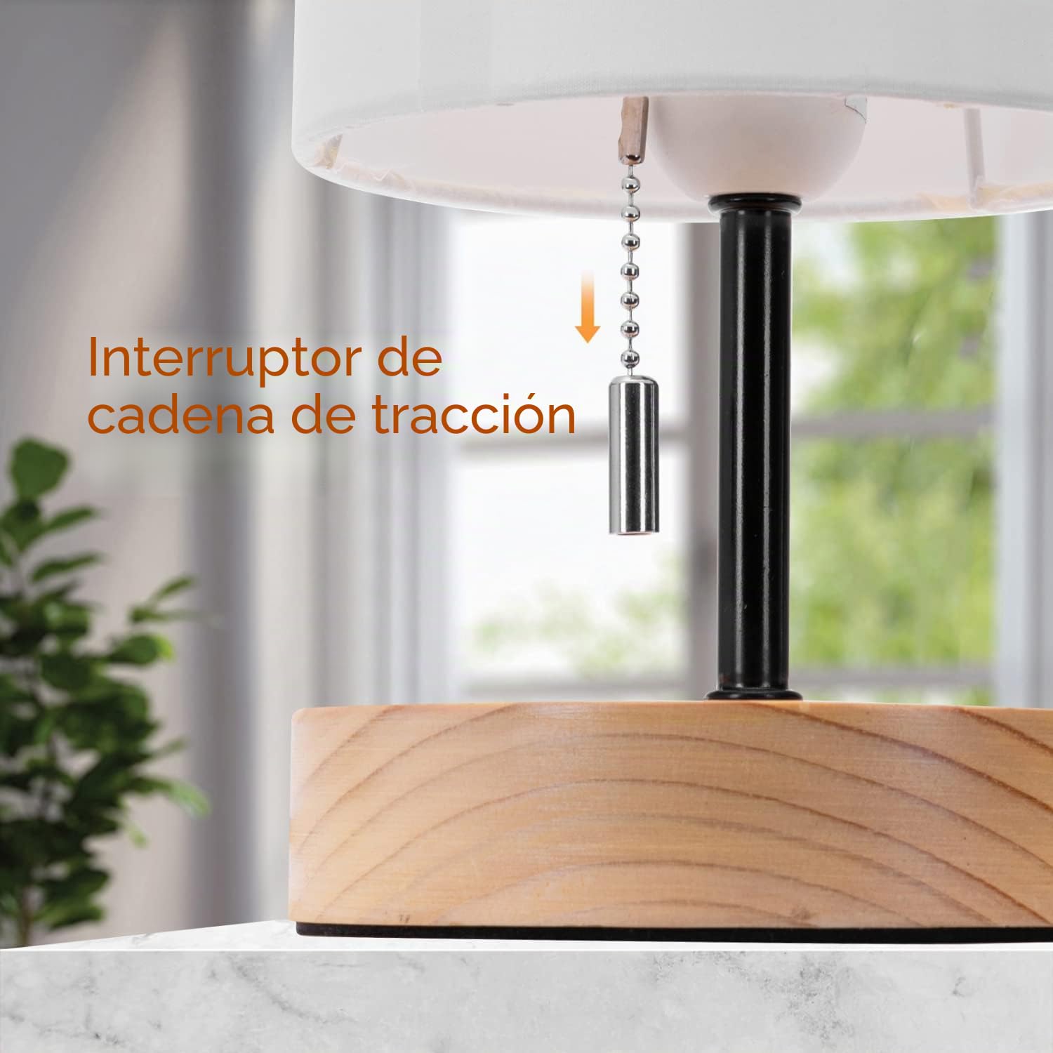 Aigostar Lampara de Mesa con 2 Puertos USB, Lampara de Noche con Interruptor de Tracción, Base de Madera, Lampara Escritorio Vintage