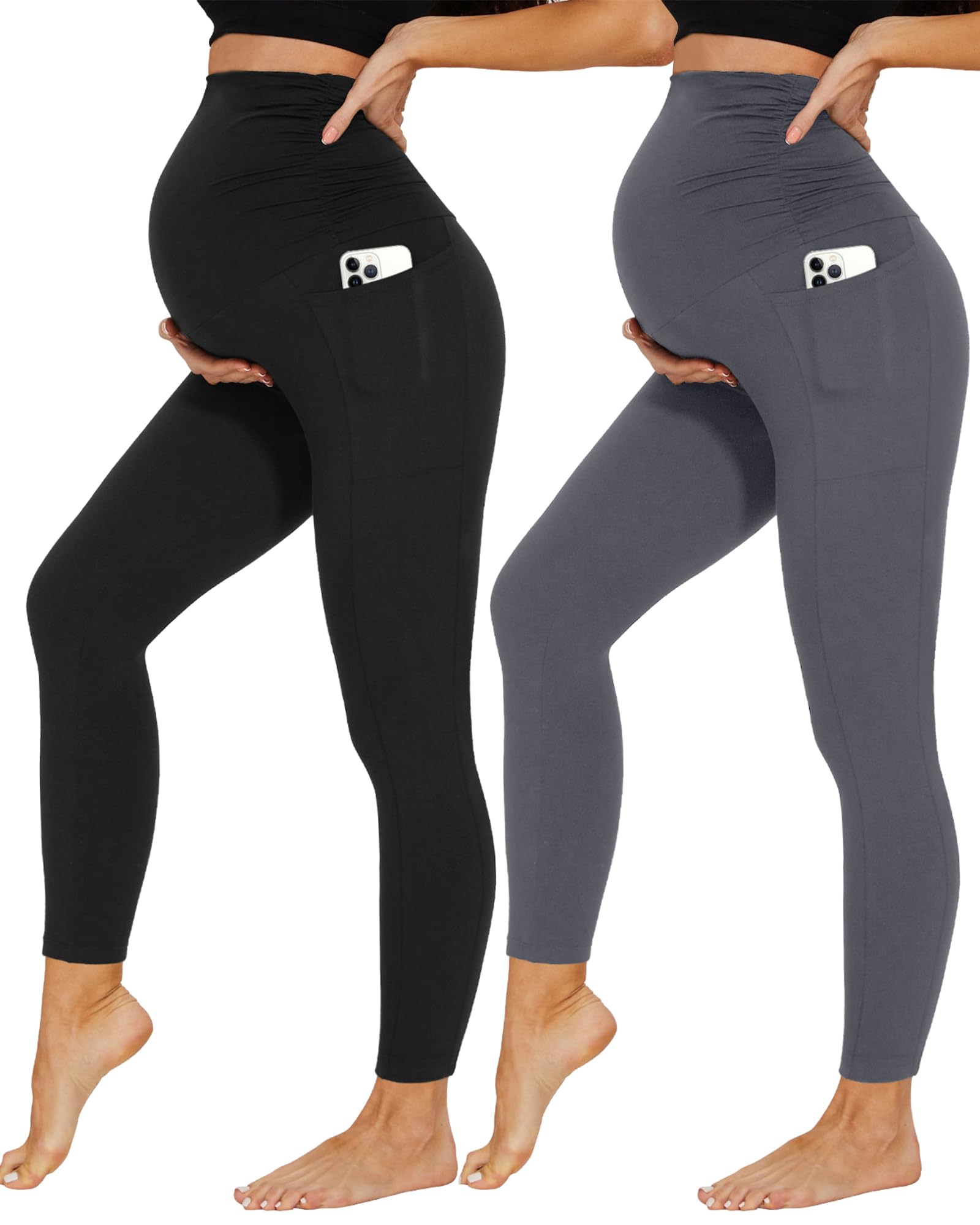 DDOBB 2 Pack Maternity Leggings Over Bump with Pockets High Waist Black Soft Belly Support Stretchy Pregnancy Pants Yoga Workout Pajama Trousers — view 11