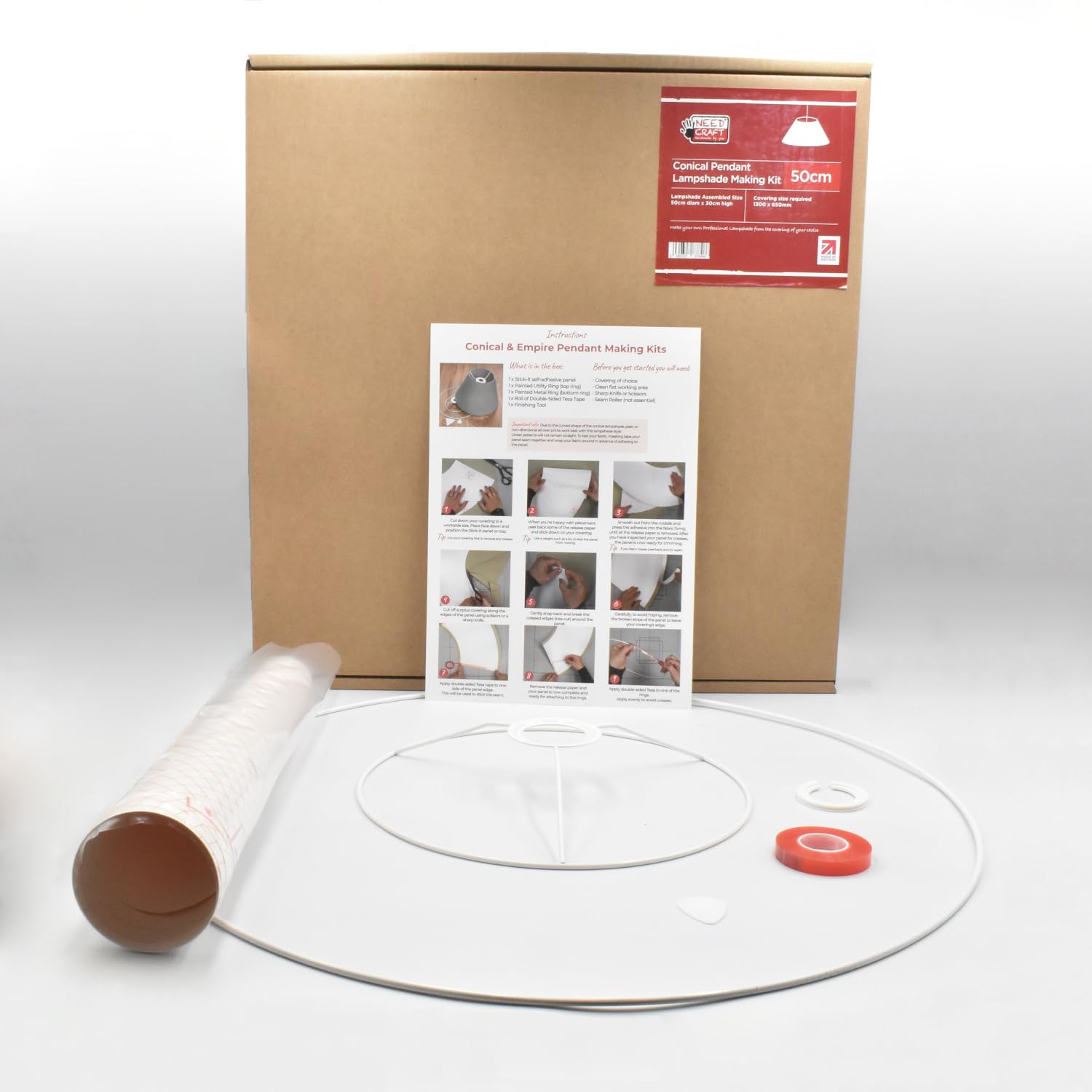 Conical Pendant Lampshade Making Kit - Tapered Circle Shape DIY Ceiling Light Shade Made in The UK by Needcraft - Use with Fabric, Textile, Wallpaper of Choice (White, 50cm)