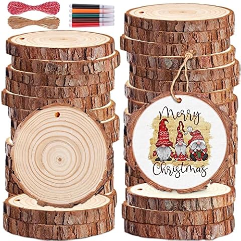 Wood Slices 32 Pcs 2.8-3.1 Inch, Natural Unfinished Wood Rounds Slice Ornaments, Round Craft Wood Kit Predrilled Wood Circles for DIY Crafts Christmas Wedding Centerpieces Wooden Coasters Burning Cover