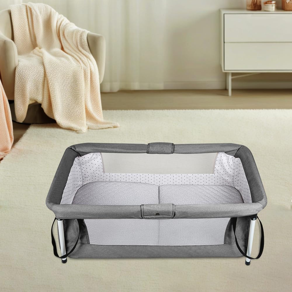 Parc pour Enfants HUOLE Lit de Voyage avec Freins Matelas Ergonomique 90x70x50cm Gris