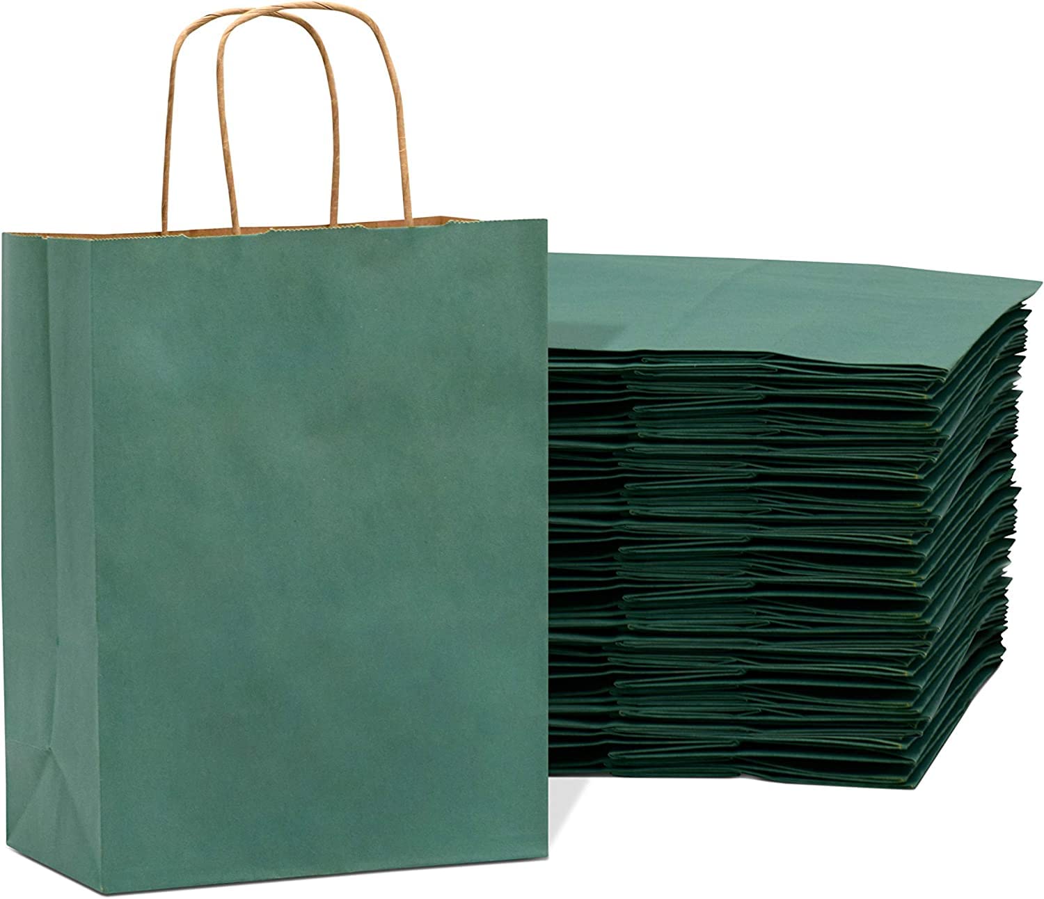 MARKQ 12 Bags Dark Green Paper bags with handles 27 x 22 x 11 cm | Large Kraft Gift bags for Birthday Party Favors, Weddings, Retail, Baby Shower