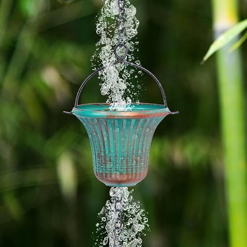 Miniatura 5 de Cadenas de lluvia de cobre de 11 pies para exterior, 12 tazas de cadena de recogedor de lluvia de repuesto para canalones, longitud ajustable