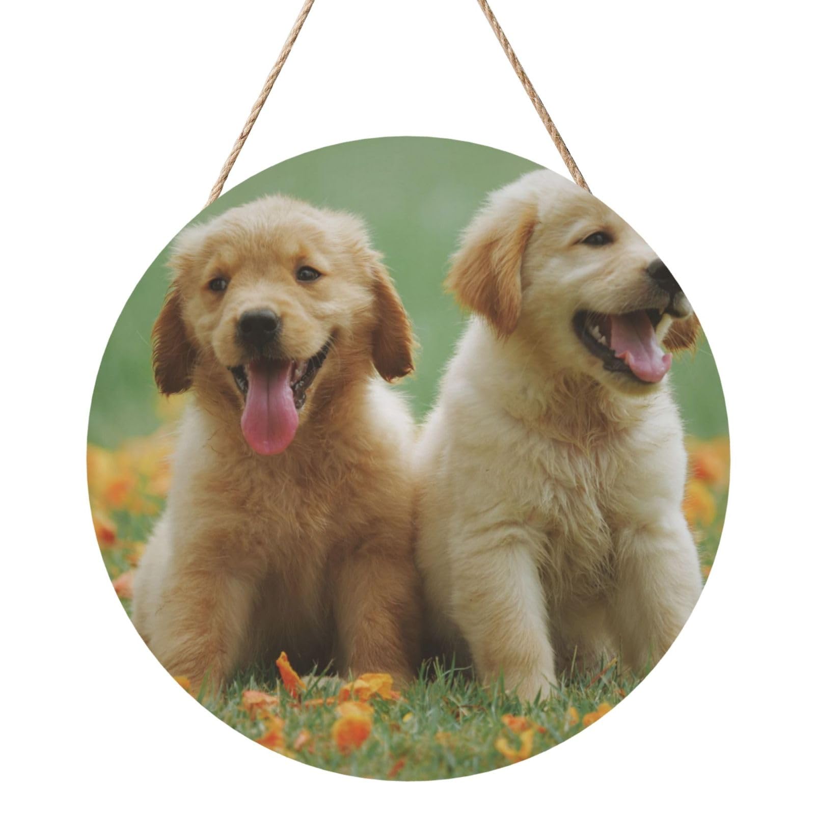 InOmak Yellow Labrador Retriever Puppies, Round Wood Panel Painting 12 in, Wall Hanging Painting For Home