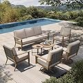 HERA'S HOUSE Patio Furniture Set 7-Piece, Metal Outdoor Conversation Set with Wood Grain Finish, 2 x Leg Chair, 2 x Swivel Chair, 1 x 3-Seat Sofa, 2 x Multi-Functional Coffee Table Garden Deck Lawn