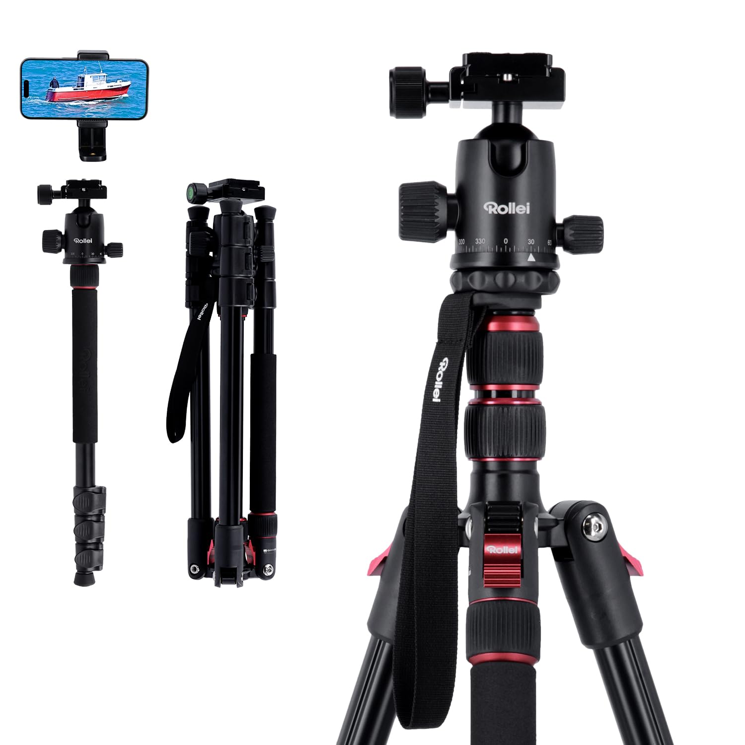 Rollei Compact Traveler No.1 Nero, 145cm Treppiede Fotocamera da Viaggio Cavalletto Fotografico Leggero in Alluminio con Testa a Sfera Arca Swiss Fotografica Tripod e Monopiede per DSLR e Smartphone