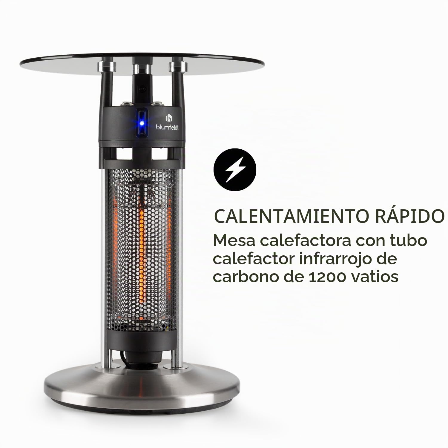 blumfeldt Primal Heat - Calefactor radiante de pie, Calefactor IR para mesa alta, Calefacción por infrarrojos, Radiador infrarrojo de 1600 W, Sensores de proximidad infrarrojos, Altura: 65 cm, Plata