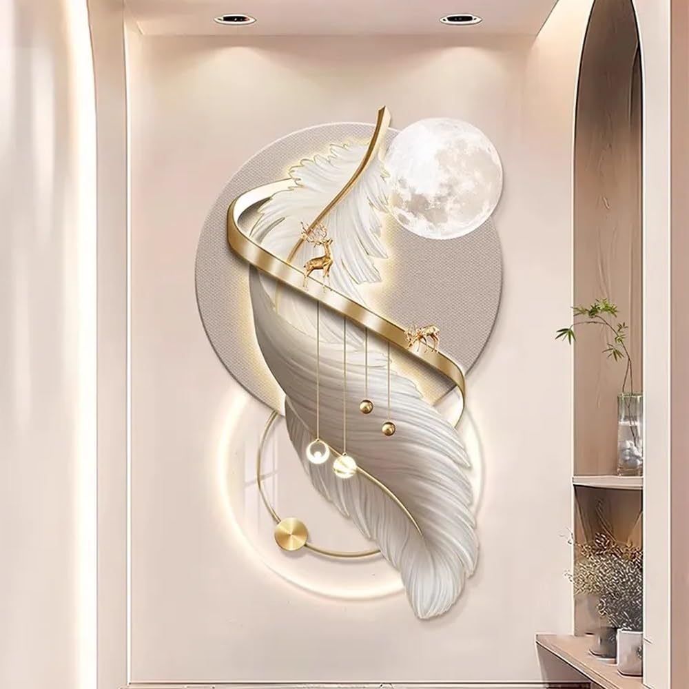Arte de pared LED 3D con alimentación enchufable, pintura de plumas iluminadas para sala de estar y decoración de pasillo