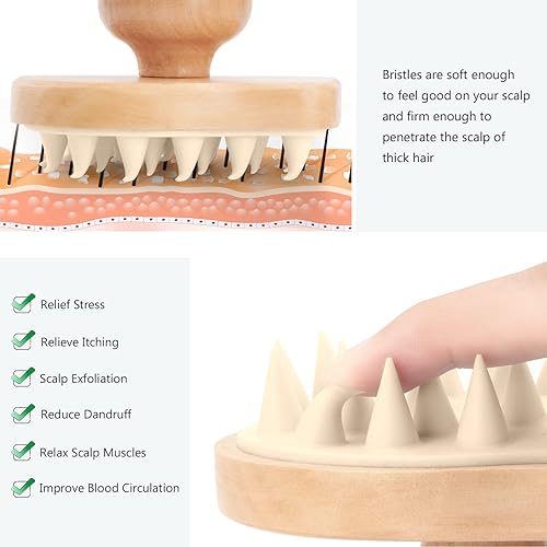 Miniatura 6 de Cepillo de champú masajeador para el cuero cabelludo, cepillo de madera para el cuidado del cuero cabelludo húmedo y seco, cepillo de ducha,