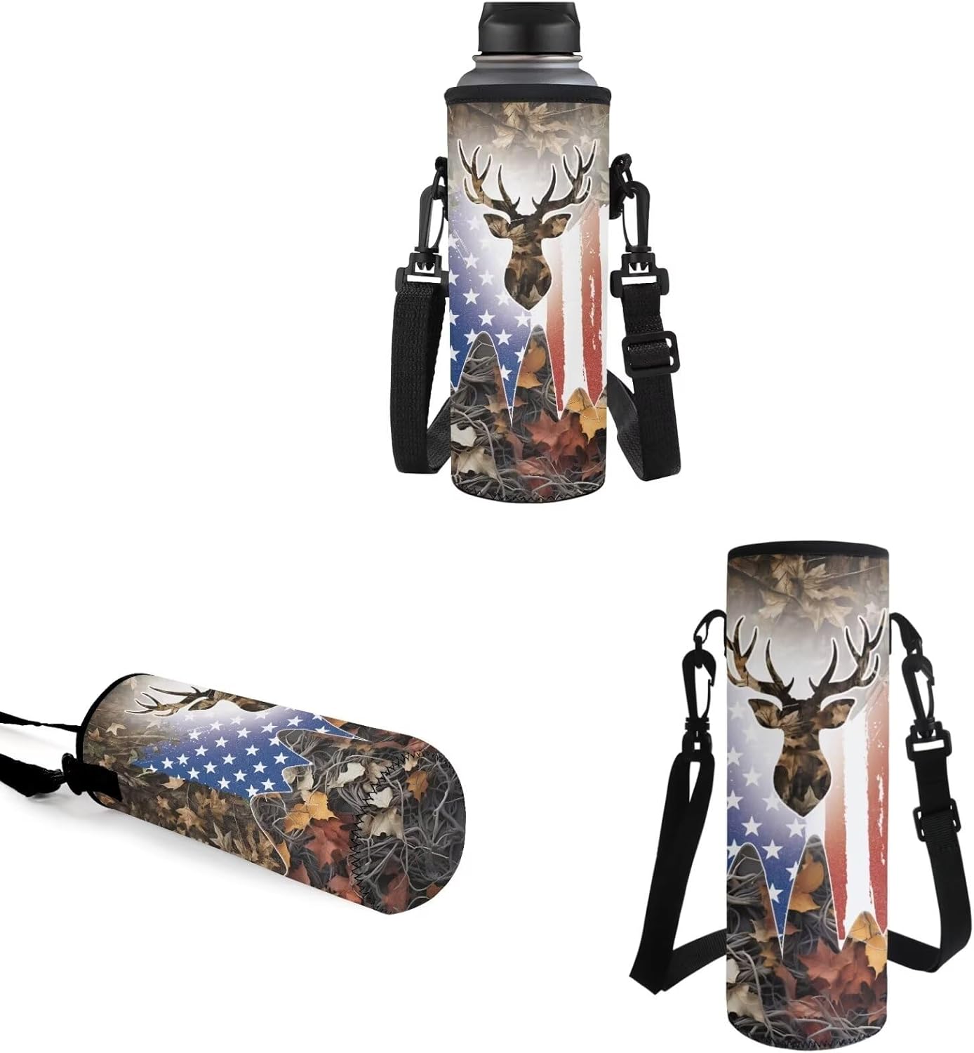 School Backpack 4 Pcs Set Include Insulated Lunch Bag and Pencil Box and Water Bottle Bag, School Bookbag Outdoor Travel Bags Casual Daypack for Teens Kids, American Flag Deer Branch