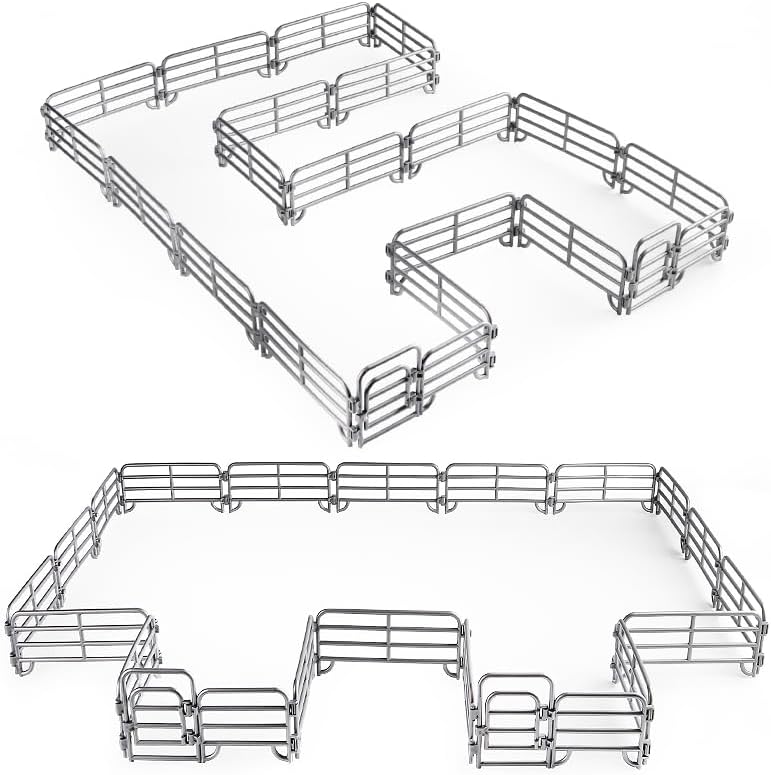 Farm Animal Fence Playset with Corral Panels & Gates - 20 Pcs Plastic Horse Fencing Toy for Barn, Paddock, Stable - Educational Pretend Play Set for Kids Toddlers - Retro Style Grey Cake Topper Decor