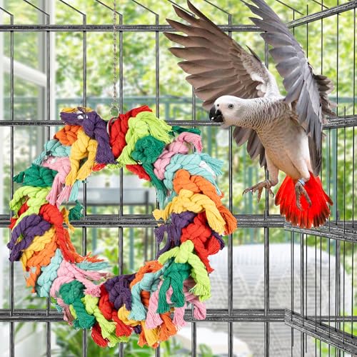 Image of Parrot Swing for Large Birds - Colorful Cotton Rope Hanging Ring Toy for African Grey, Cockatoo, Conure, and Parakeet | Chewing, Exercise, Climbing, and Snuggling (Parrot Swing)