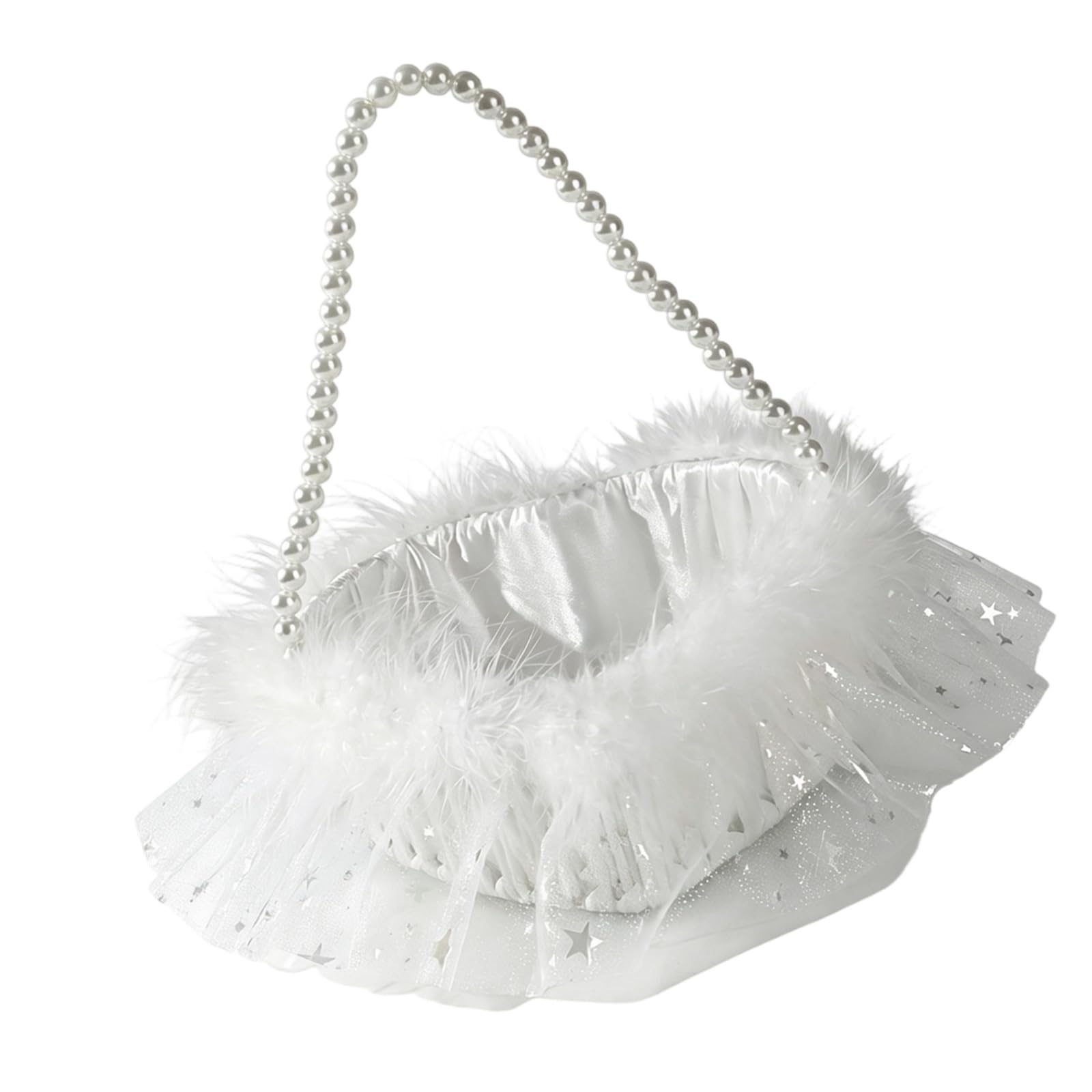 Girl Basket with Pearl Handle, Wedding Flower Basket with Lace and Feather Decor, Girls Floral Baskets, Soft Trim and Tulle Ruffle for Wedding Shower Decor
