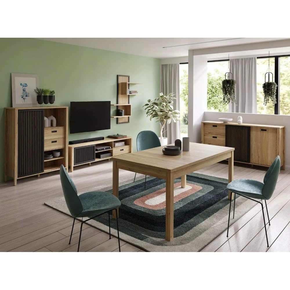 Forte JYTANA Schrank 100 105, skandinavischer Schrank mit 2 Schubladen, Schranktür und 3 offenen Fächern, Mauvella Eiche mit Schwarz, 103,4 cm breit x 129,9 cm hoch x 40,2 cm tief