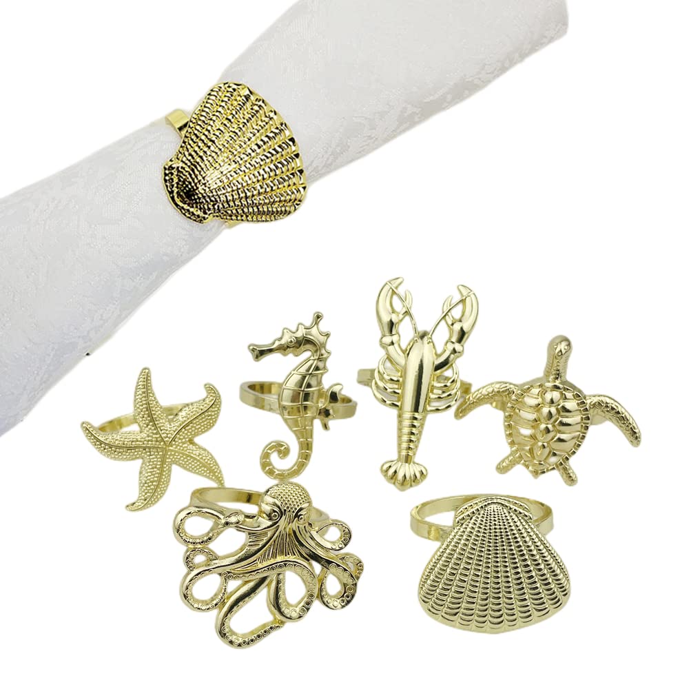 Gold Ocean Napkin Rings,Set of 8 Napkin Holder,Ocean Collection Napkin Buckle for Mother’s Day, Wedding,Party Celebrate Festival Dinner Table Decoration (Gold Ocean)