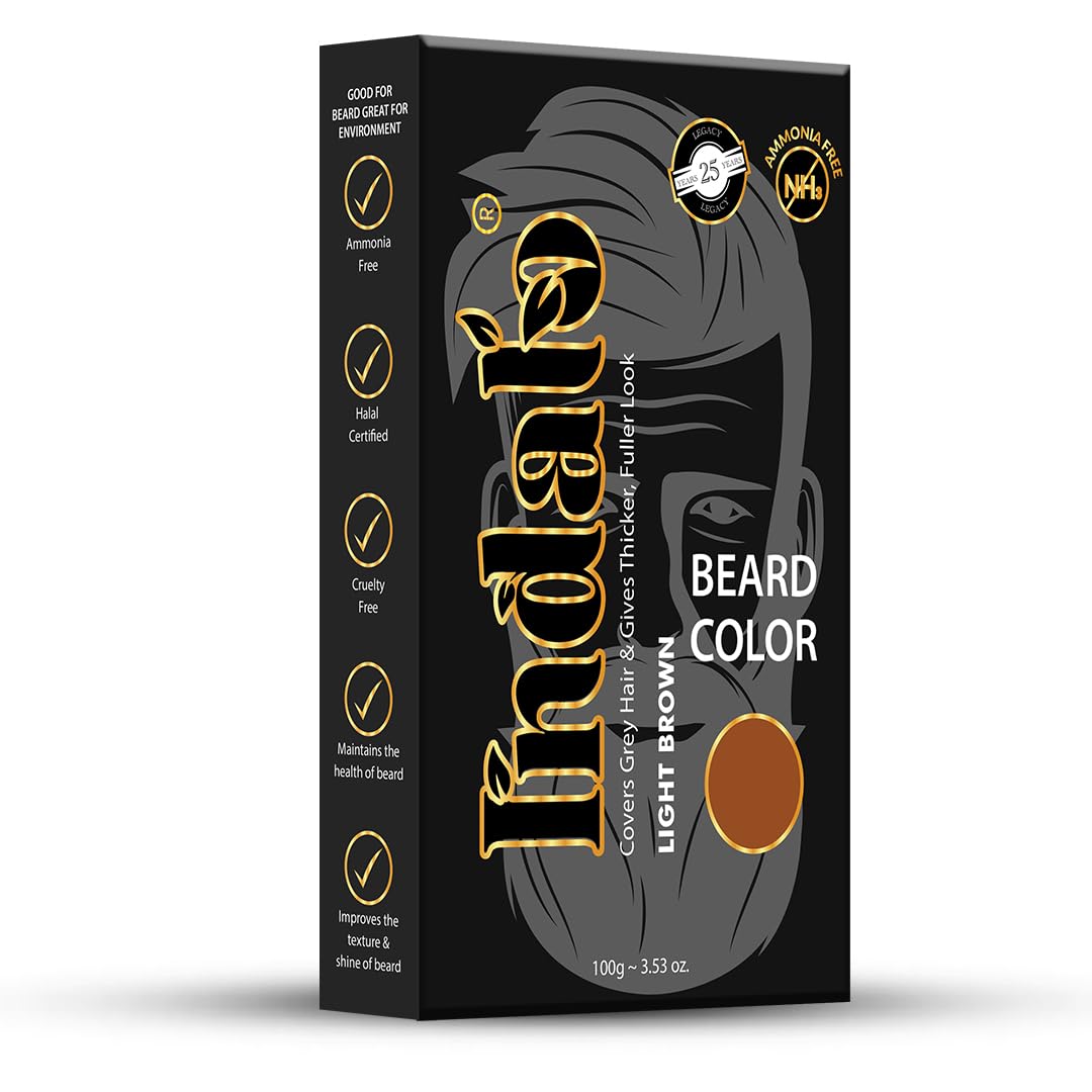 Indalo Natural Light Brown Beard Color | Long-Lasting, Ammonia Free Beard Color for Men with Natural Ingredients Like Amla, Brahmi, Shikakai - (100g)