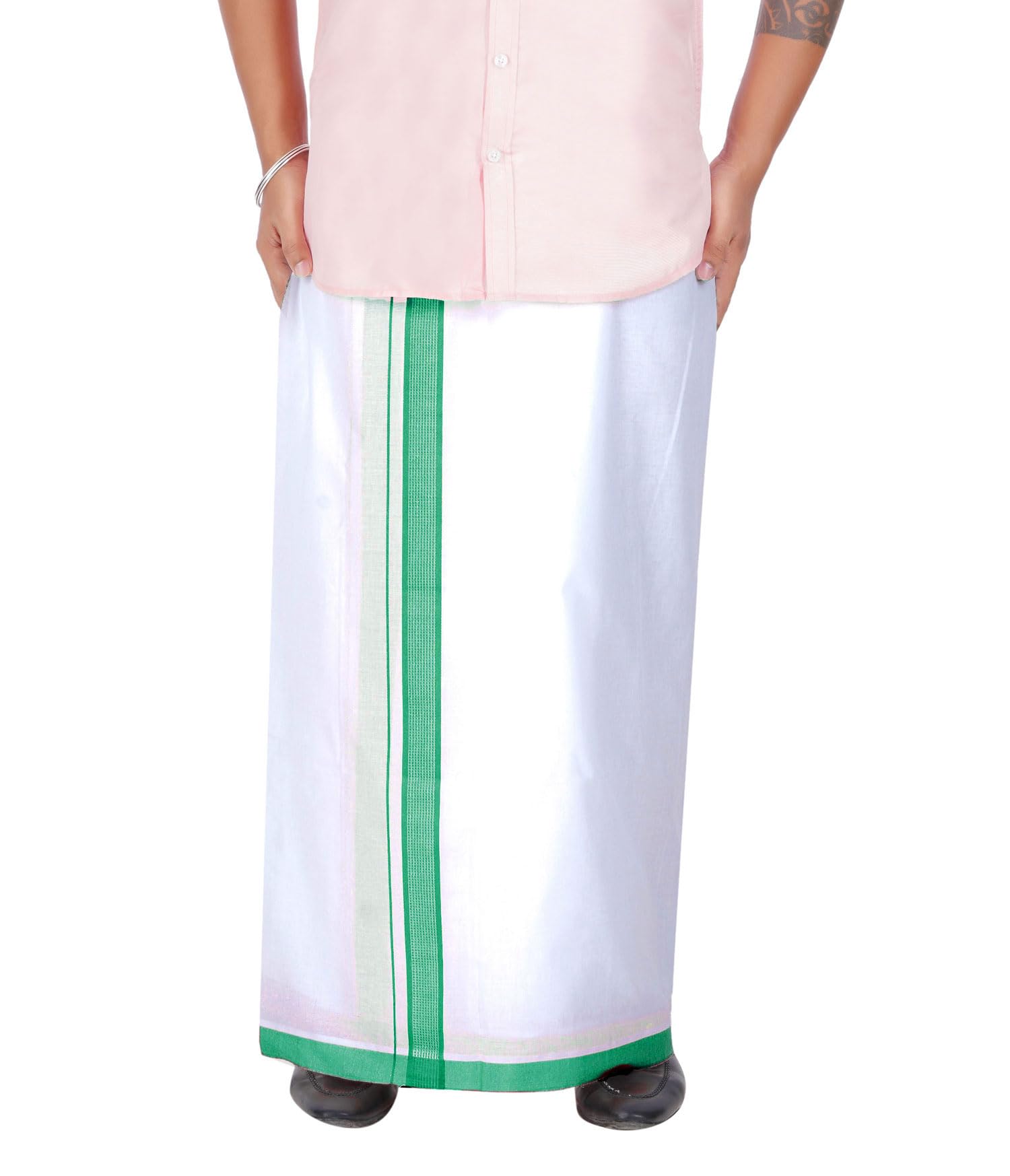 Prakasam Cotton Men's Double White Dhoti With Dobby Design Border (1.30 X 3.60 Meter)