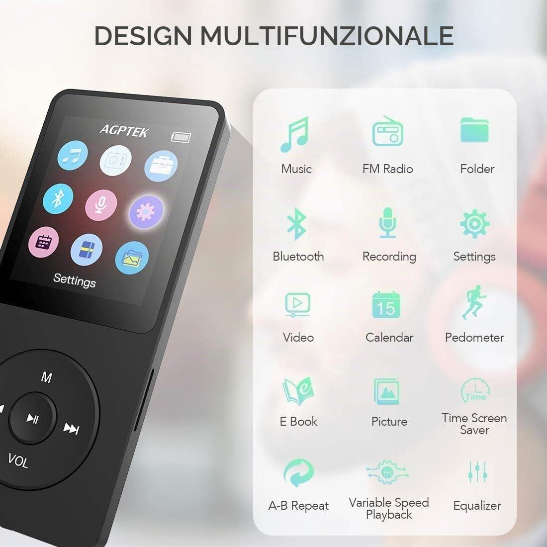 AGPTEK Lettore MP3 16GB Lettore MP3 Portatile con Schermo 1,8 Pollici