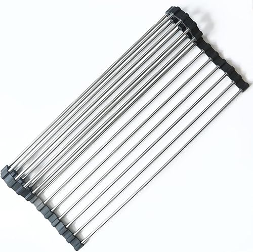 Hoki Found - Escurridor de platos enrollable duradero y resistente a la oxidación sobre el fregadero, accesorios plegables de silicona y acero