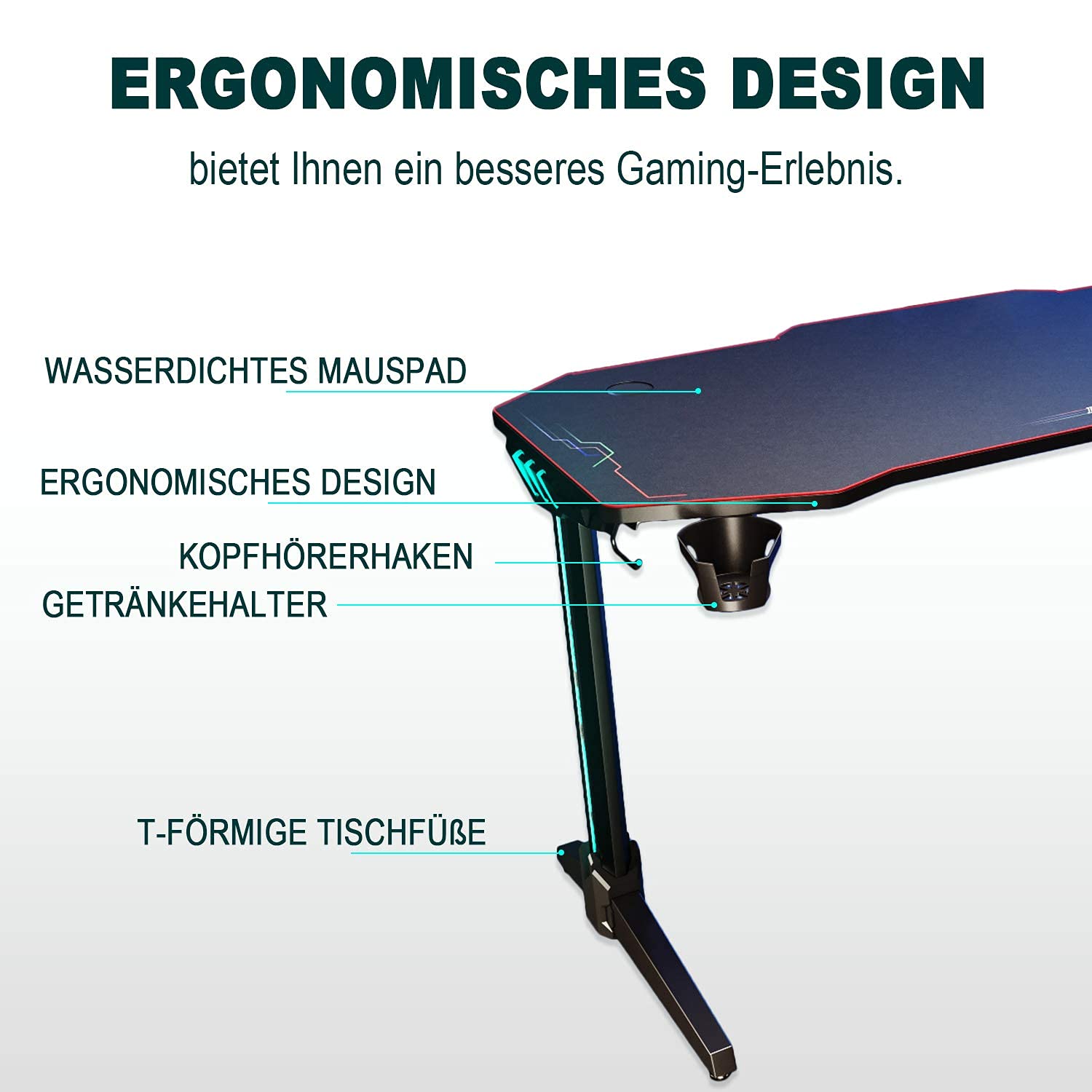 SONNI Gaming Tisch mit LED,140cm großer Oberfläche/PC Tisch/Gaming Desk,2-3 Monitore aufstellbar mit Mausunterlage,Getränkehalterung und Kopfhörerhaken