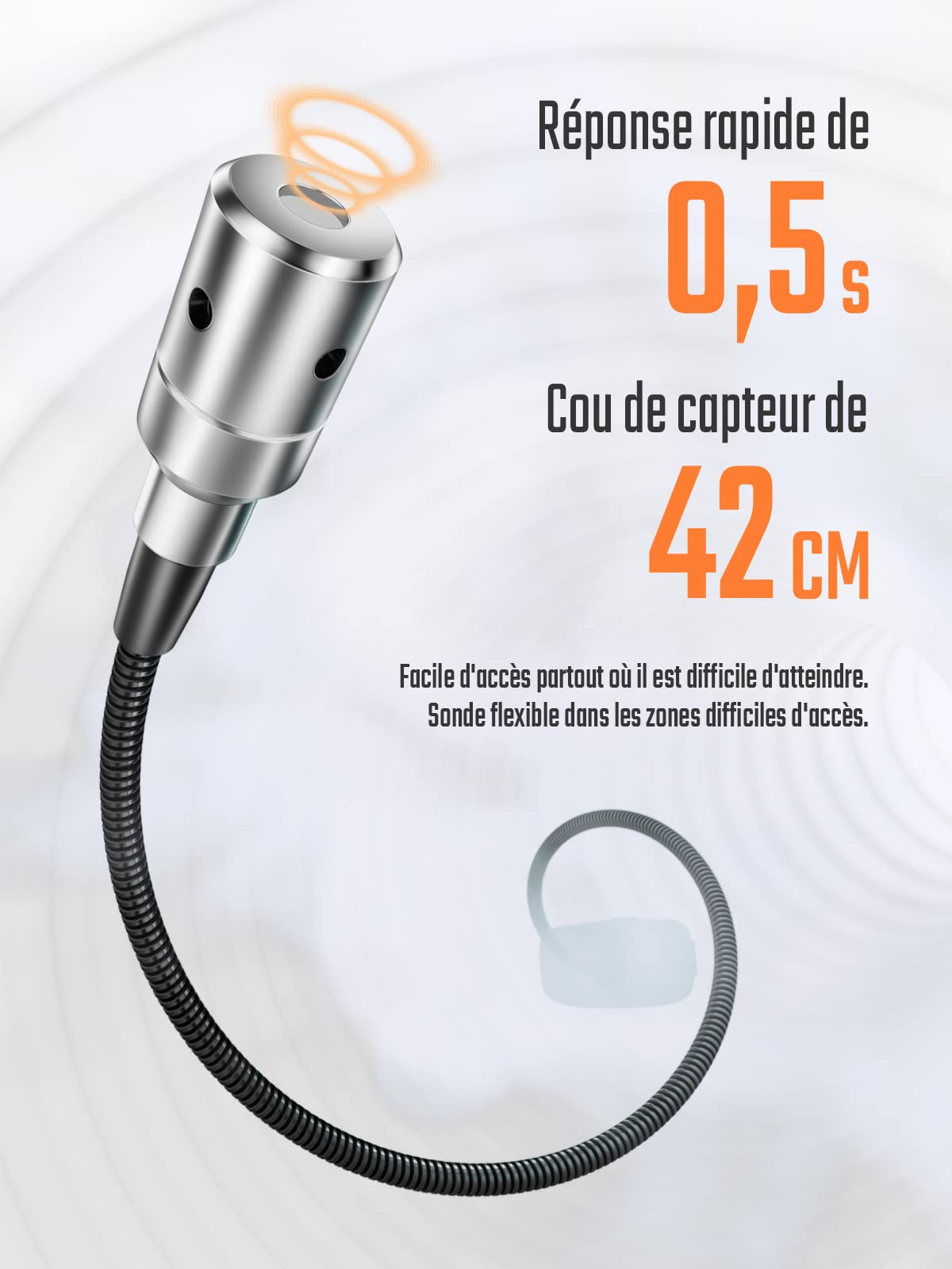Détecteur de Gaz Naturel, TopTes PT520A Détecteur de Fuites de Gaz avec Une Sonde Flexible de 43,5 cm, pour Les Fuites de Gaz comme Le Propane, Le Gaz Naturel, Le Méthane (3 Piles Incluses) - Orange