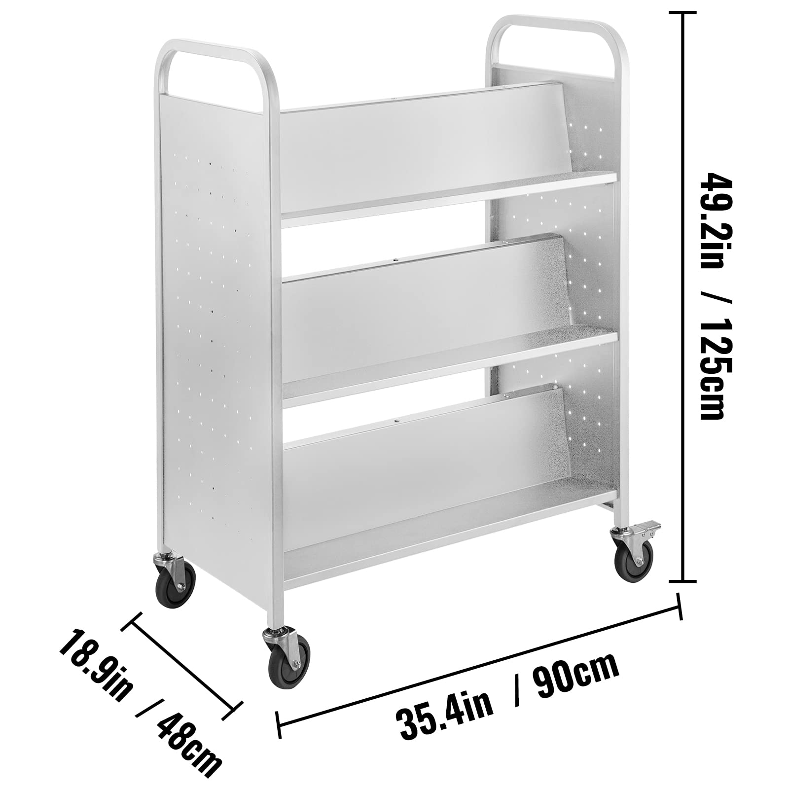 VEVOR Bücherwagen, 90kg Bibliothekswagen, 125x90x48cm rollender Bücherwagen, doppelseitige, W-förmige, geneigte Regale mit feststellbaren ca. 10cm Rädern, für Heimregale, Büro und Schulbücherwagen Wei