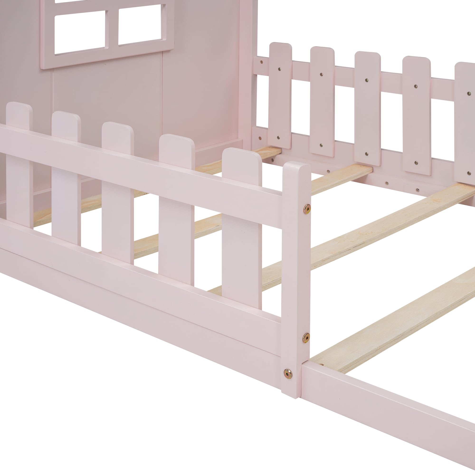 Kinderbett Hausbett 90x200cm, Montessori Bodenbett mit Rausfallschutz und Lattenrost, Holzbett für Jungen und Mädchen, ohne Matratze (Rosa -90×200cm)