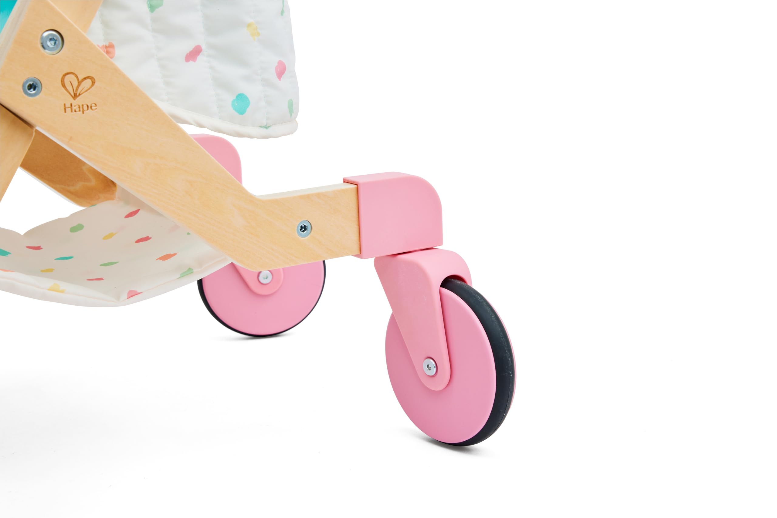 Hape Passeggino per bambole "Sweet Walks" in legno – Passeggino per bambole – Robusto carrello scorrevole con rivestimento in tessuto – Carrello giocattolo per bambole e orsacchiotti – per bambini dai